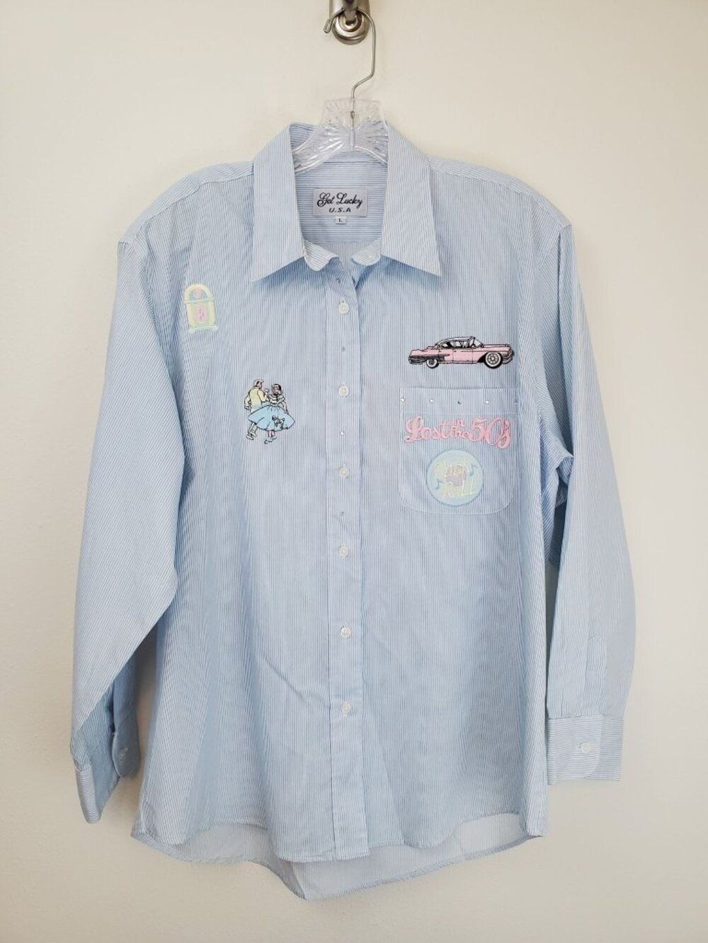 Get Lucky vintage 50's themed pinstriped button up dress shirt